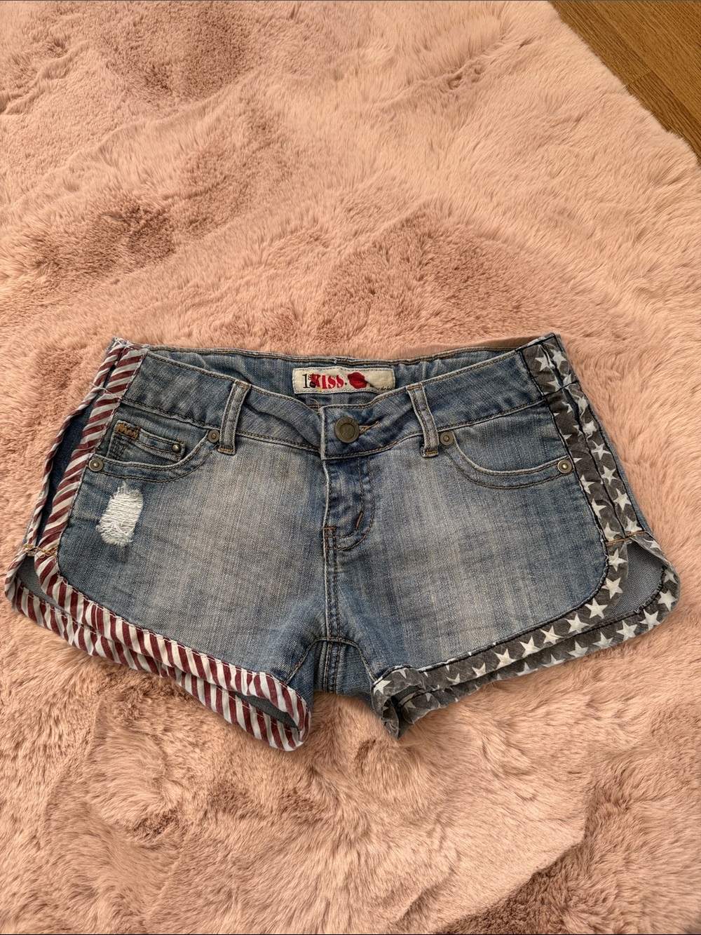 Y2K western Blue Denim Shorts with Red & White Stripe and Blue Star Trim